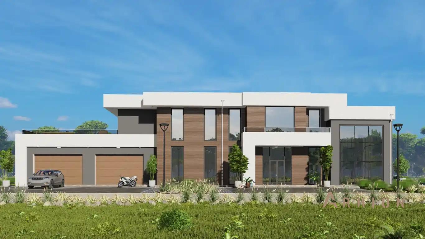 2. Проект двухэтажного дома в стиле хай-тек с плоской кровлей , h-1603, площадью - 639 кв c терассой, балконом, гаражом, вторым светом